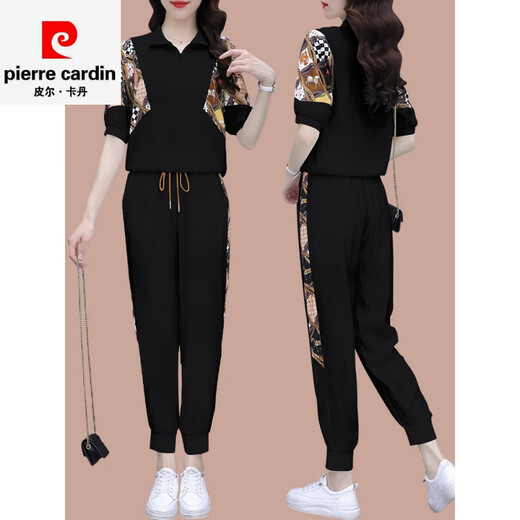 皮尔卡丹冰丝休闲运动套装女夏季2025新款跑步服显瘦时尚洋气质短袖两件套 (1389)黑色 M (建议100斤以下)