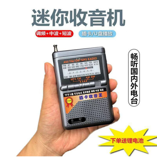 拓响T-6623便携式收音机老式全波段袖珍老人外放迷你半导体播放器 银灰色 升级版（18650电池1节+充电线