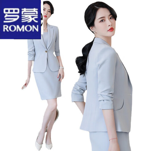 ROMON Light Luxury Women's Pink Business Wear Small Suit Suit Women's High-end Spring and Autumn Wear Small Jacket Temperament Suit Blue Suit + Dress M