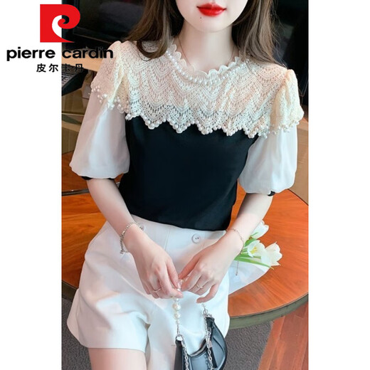 皮尔卡丹（pierre cardin）夏季甜美荷叶重工钉珠蕾丝拼接泡泡气质百搭短袖上衣甜美上衣女 841今年流行的轻奢品牌 L 建议85-100斤