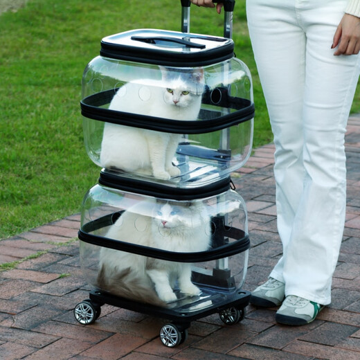 迷你龙猫包外出便携宠物拉杆箱双层巴士行李箱两只猫咪大容量透气猫背包 单层拼接白+拉杆(可拆卸) 下层15斤内/上层15斤内/狗6斤内