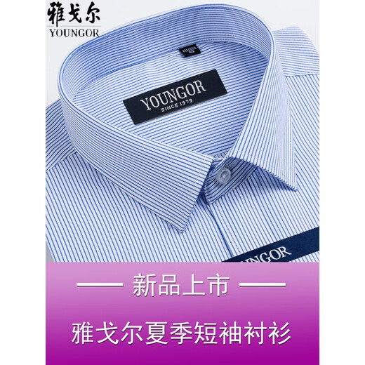 雅戈尓男士短袖衬衫夏季商务休闲职业正装棉免烫中年大码条纹衬衣 DX6623 38
