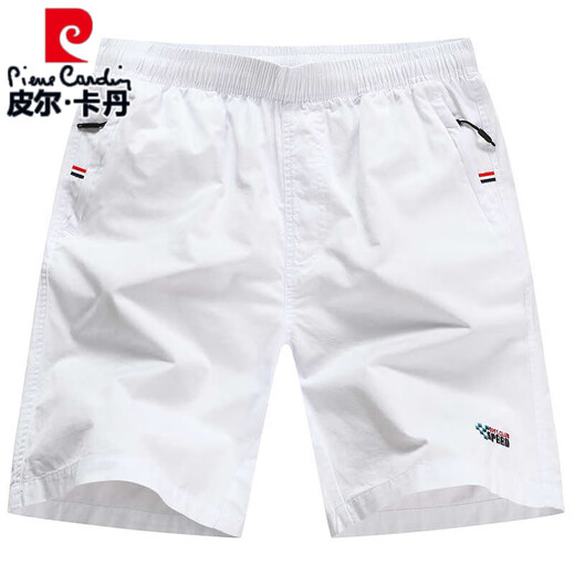 Pierre Cardin High-End Pure Cotton Shorts Herren-Sommer-Outfit losen lässigen Fünf-Punkte-Hosen Cotton Beach Hosen Big Shorts White Nadel P-White [9273] Reißverschlusspockt L [115-135jin [Jin entspricht ca. 0,5 kg]]]