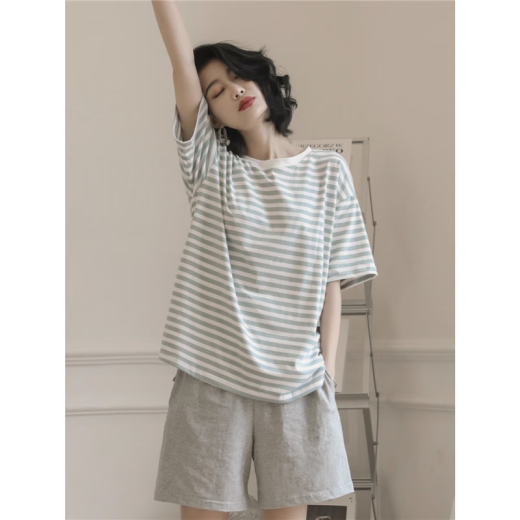 XPAY日系2025年新款睡衣女夏季纯棉短袖两件套夏天条纹家居服 yzt9859 M  女款 建议80-100斤