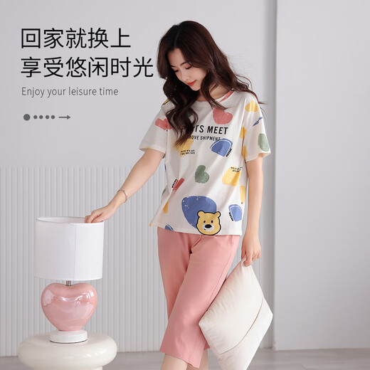 爱戴睡衣女夏季短袖薄款透气纯棉套装七分裤卡通可爱休闲可外穿家居服 9848-香槟色 L