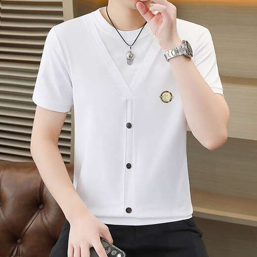 Woodpecker (Tucano) Design kurzärmelig T-Shirt Herren 2025 Sommer Neues leichter Luxus-Baumwoll-Basishemd gefälschter zweiteiliger runder Hals Top 6626 Schwarz 2xl 135-150Jin [Jin entspricht 0,5 kg]