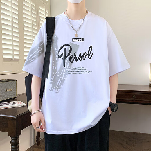 Ice Silk Cotton Half-Stond T-Padded Men's Summer Trendy High School Students T-shirt à manches courtes adolescente lâche beau haut frais Off-White 695 L 100-115JIN [Jin est égal à 0,5 kg]