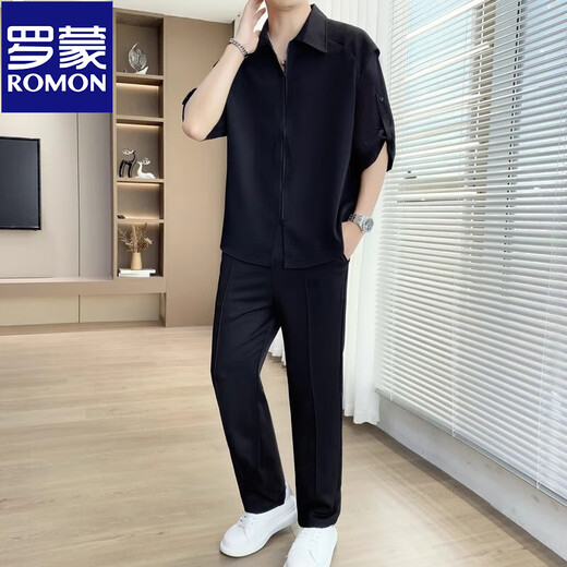 罗蒙（ROMON）冰丝短袖衬衫套装男士夏季休闲轻熟痞帅搭配垂感抗皱西裤男装一套 718卡其色(中袖套装) 2XL 145-160斤
