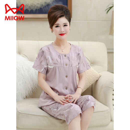 Catman (Miiow) Pyjamas für Frauen im Sommer im Sommer reines Baumwoll kurzärmelige Kurzhose mittleren Alters und ältere Mütter für Sommerrunde Hals Cardigan Plus Size Home Clothing 6626# [Cardigan Style] l [vorgeschlagen 100-120jin [Jin gleich 0,5 kg]]