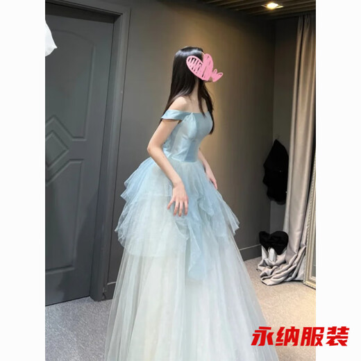 Xuan Tuya one-shoulder evening dress for women high-end light luxury niche adult ceremony banquet temperament graduates day princess dress forest style blue back strap) L