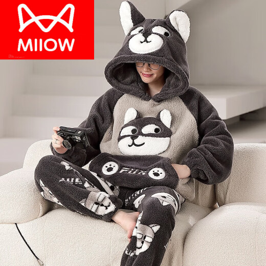 
Catman (MiiOW) coral velvet pajamas for men autumn and winter style plus velvet thickened teenagers big children large size winter home clothing set XQ 9926 chinchilla M is x men's style L (suitable for height of about 170c,