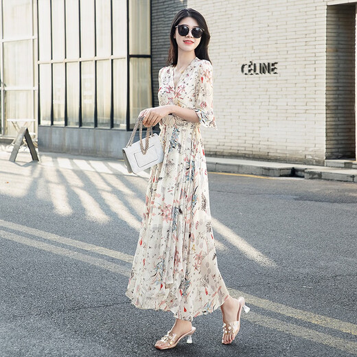 Robe florale mince en V à col en V pour femmes en 2025 Été Nouvelle jupe longue à la taille douce pour les genoux