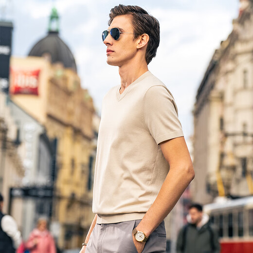 Mr. Bu's exquisite V-neck knitted short-sleeved t-men 2025 summer solid color cool skin-friendly short-sleeved AT12119 Yami Apricot M (170)