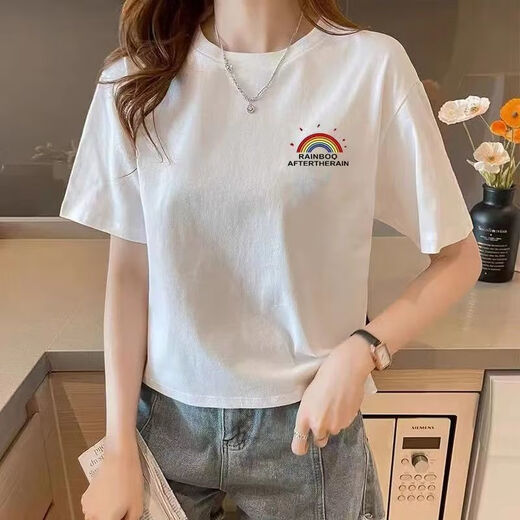 Shukaren Cotton Kurzschläfe kurzes Design Rundes Hals weißes T-Shirt für Frauen Mode Neue gedruckte lose schlanke Taille Top White-1047 S 75-90jin [Jin ist gleich 0,5 kg]