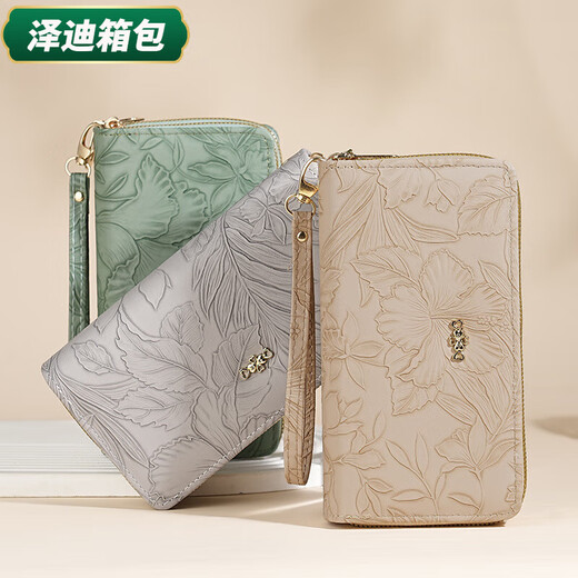 Yunluo Fashion Long Large Capacity Clutch Women's Retro Flower Double Zipper for Mom Portable Wallet Coin Purse Khaki Material