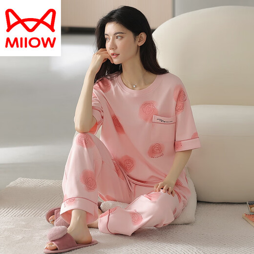 猫人（MiiOW）织睡衣女夏季纯棉短袖长裤薄款全棉夏天女士家居服套装春秋季 YZT9712主图款 短袖长裤 M 80-100斤