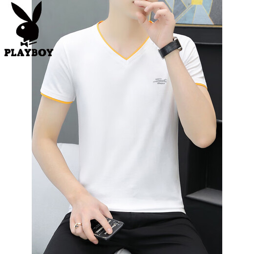 花花公子（PLAYBOY）纯棉V领男士短袖t恤2025夏季潮牌百搭修身冰丝半袖体恤上衣服男潮 黑色 QY691 M 100-115斤