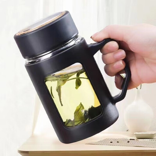 Molossen glass, high temperature resistant and explosion-proof, with handle, large capacity, with handle, office men and women's high temperature resistant glass water cup, smart black, high temperature resistant glass + leakage net 500ml limited time offer