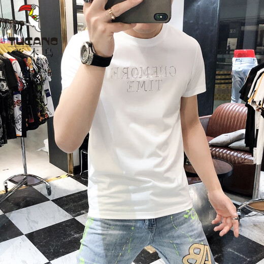 啄木鸟（TUCANO）t恤男士2025夏季新款短袖T恤男修身个性刺绣烫钻欧货丝光棉体恤男 724闪电R白色 M