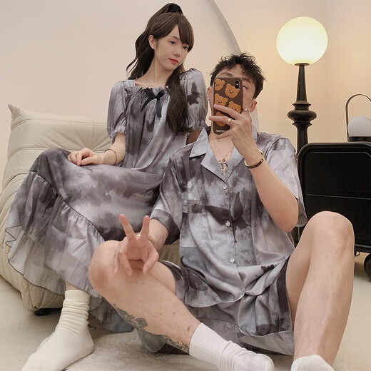 
O'MESIK couple pajamas ice silk men summer short-sleeved thin large-size nightgown for women summer feeling can wear home clothes 13076 women-13077 men M men L (suggested height 165-170c, weight 1