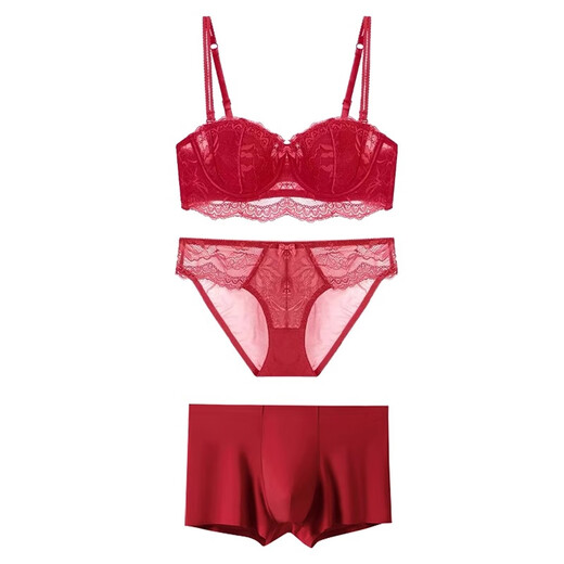 Miss Polly wedding underwear underwear bride and groom couple set sexy lace small breast push up men and girls summer thin style women's underwear set + men's underwear + package A 70A men's underwear L (90-110Jin Jin equals 0.5 kg)