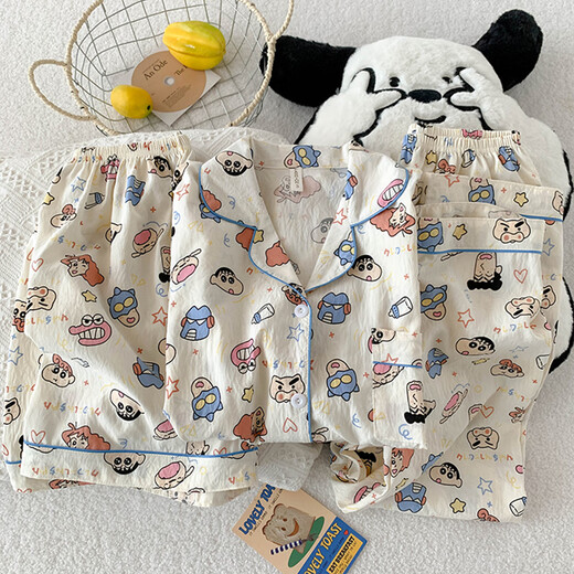 Catman (MiiOW) Crayon Xiaoxin Summer Three-Piece Set Pajamas for Women Pure Cotton Short Sleeve Long Trousers Thin Ins Style Summer Cotton Yarn Home Clothing Yunduo Cotton-9906# Star Puppy Three-Piece Set XL Women [Suggested 115-140Jin [Jin equals 0.5 kg]]