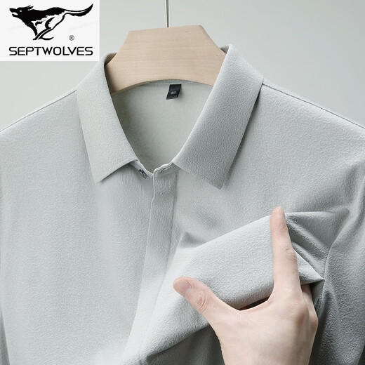 Seven Wolf Mulberry Silk Short Sleeve Shirt Men's Summer New Casual Business No Ironing Shirt Middle-aged Lapel Thin Half-Sleeve Top 6913 Gray Green L 175/115