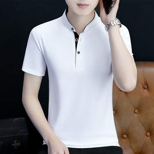 SEPTWOLVES [Brand break code to pick up the bargain] Summer collar short-sleeved shirt men's youth fashion brand white stand collar white Q691 short-sleeved M