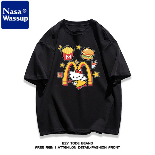 NasaWassup schwere Baumwolle amerikanische Modemarke Cartoon Hellokitty Kurzärmer T-Shirt Männer und Frauen Sommer lässige Mode Tops Ins 1416 Pommes Kelly Cat White S