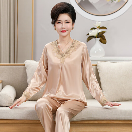 莫代尔春夏季中年妈妈睡衣女秋冰丝可外穿婆婆丝.绸薄款中老年人两件套 ARM684银 3XL 建议【140-165斤】