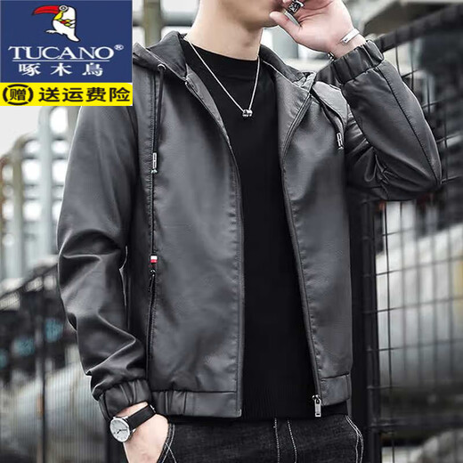 Woodpecker (Tucano) Kapuzenlederjacke für Männer Frühling und Herbst Jacke 2024 Neue Lederjacke für Winter-Motorrad-Reiten sowie Fleece-Jacke Hemd für Männer schwarz regulär 2xl geeignet für 135-150jin [Jin gleich 0,5 kg]