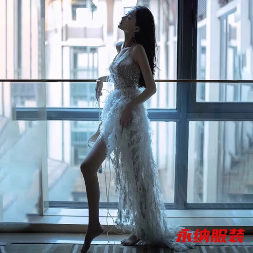 Xuan Tuya's banquet-feel evening dress is super fairy, high-end, light luxury, niche host, elegant lady going out, welcome gauze long dress, white M