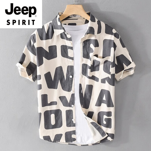 Jeep Spirit Summer Herren Kurzarm gedrucktem Hemd Strand Trendy Herren komfortable Mode Jugend losen Cotton Casual Shirt 9766 Green XL