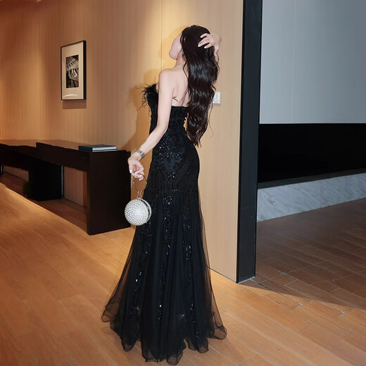 He Yangyu tube top evening dress for women black fur sequined fishtail gauze skirt heavy industry host banquet wedding art exam birthday black M