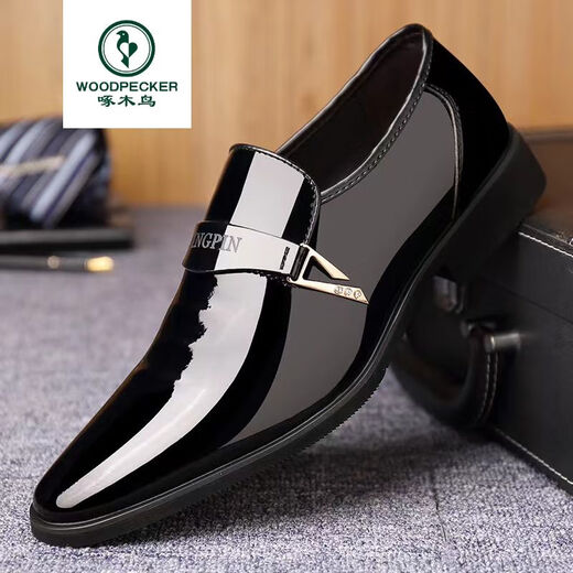 Woodpecker processing large size men's patent leather shoes men's formal British pointed toe men's leather shoes 686 black 43