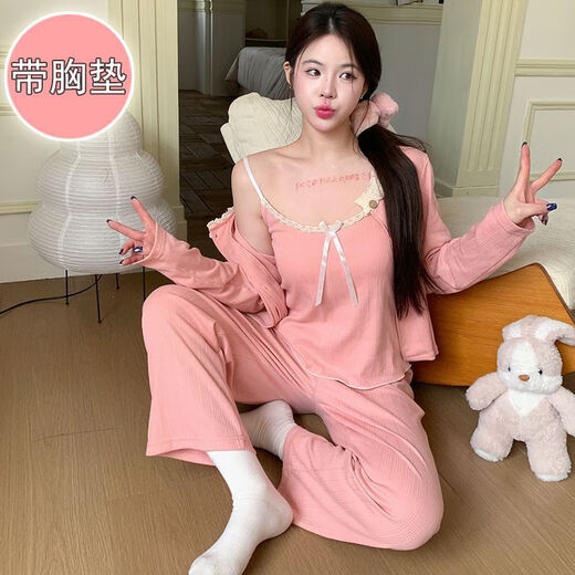 荣西图（RONGXITU）棉睡衣女带胸垫吊带三件套韩版甜美ins风家居服 S681#米白 180 XL
