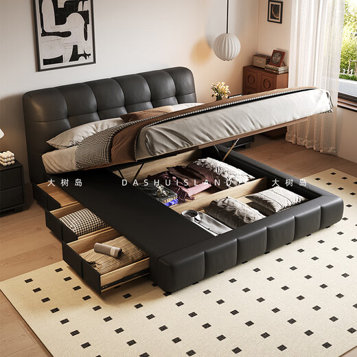 Dashudao Home Puff Bed Retro Cream Style Master Bedroom Double Bed Italian Minimalist Medieval Style Storage Leather Bed Beech Rib Frame Upgraded Single Bed Bracket Structure 1800mm*2000mm