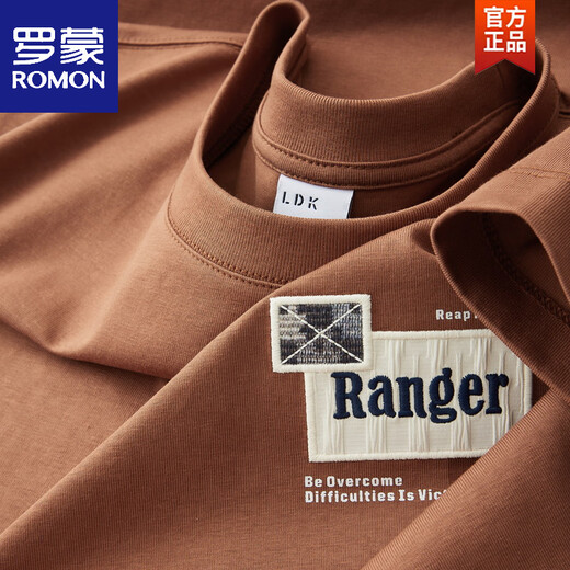 罗蒙（ROMON）冰丝棉贴布刺绣圆领短袖t恤男士欧洲站2025夏季新款宽松体恤衫潮 砖红色 【6630】 M 体重90-110斤