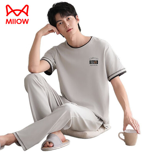MiiOW Herren-Pyjama, Sommer, neue coole Baumwolle, Rundhalsausschnitt, kurzärmelige Hose, Jugend, koreanischer Stil, lässige, lockere Heimkleidung, kann draußen getragen werden 12014 L