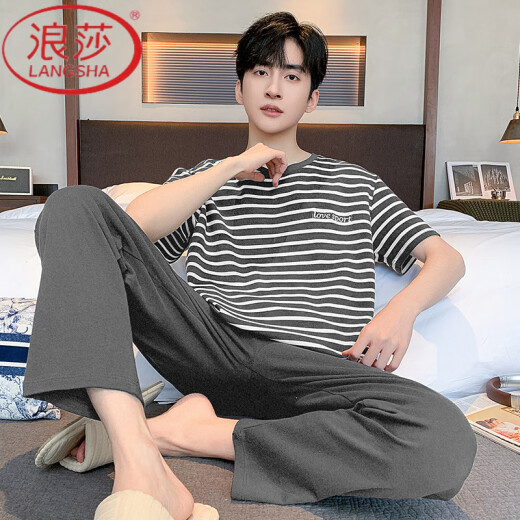 浪莎（LangSha）睡衣男士夏季纯棉短袖长裤薄款休闲条纹可外穿家居服套装 Y9207 93015 L 【建议100-130斤穿】