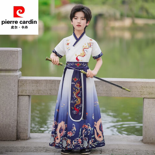 Pierre cardin Hanfu boys summer 2025 new ancient costume boys short-sleeved Chinese style thin children's ancient style Chinese language performance costume MS-9858 [Blue Dragon] Pay attention to priority delivery 120 [weight 32-40 Jin [Jin equals 0.5 kg]]