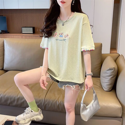 AEMAPE夏装女装刺绣白色短袖T恤女2025新款夏季小个子上衣夏天衣服 KM9277-杏色 L 建议110-125斤