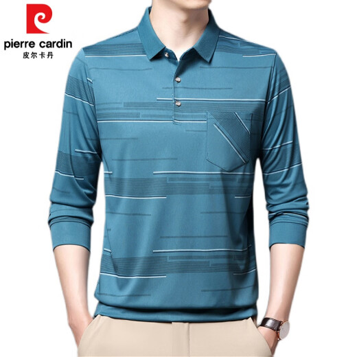 皮尔卡丹（pierre cardin）夏季冰丝男士t恤长袖春秋新款中老年休闲男装薄款爸爸有兜体恤衫 B753横条  绿色 L 170/110/50