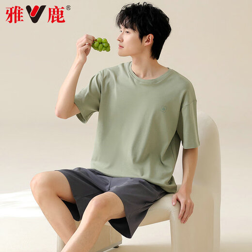 Yalu men's pajamas men's summer thin short-sleeved cotton can be worn outside casual large size boys' home wear suit 42M13601 2XL recommended weight 140-160Jin Jin equals 0.5 kg