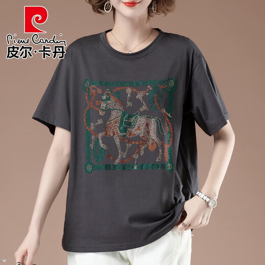 皮尔卡丹（pierre cardin）胖肥显瘦短袖T恤女士夏季大码宽松百搭烫钻中年妈妈时尚薄款上衣 白色【9896款】 L 100-115斤
