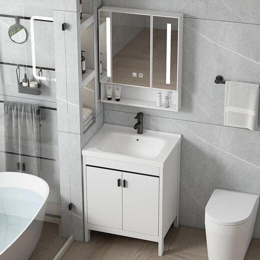 Dafify kleine Wohnungswaschbeckenschrank kombinierte bodengesteuertes Badezimmerschrank Keramik integriertes Becken Badezimmer Waschbecken Waschbecken Pool weiße Tür plus Quadratspiegel 4837 cm