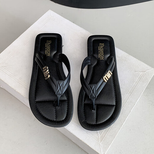 冠贸裴2025女士人字拖夏季舒适平底凉鞋 6636MI-黑色 36 37码(适合35-36码脚穿)