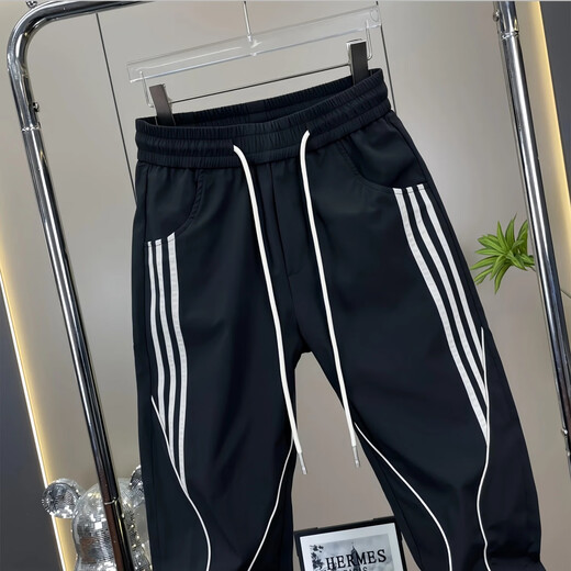 Feidi Sen Meng Bruder Hosen für Herren Sommer dünne Streife haderne Haremhosen für Jungen losen trendige vielseitige Bindungen Männer 683 Black (Sommerdünnstil) 32 (Empfohlen 130-145 Jin [Jin gleich 0,5 kg]))