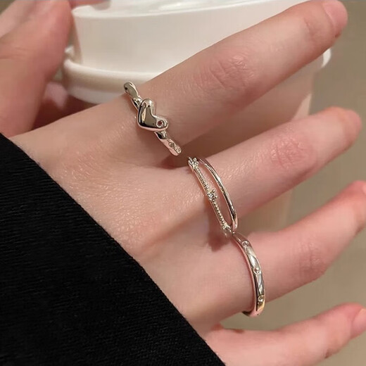 Dai Yan's love circle zircon open ring women's niche design cold style ring light luxury high-end personalized index finger ring three-piece set of personalized rings