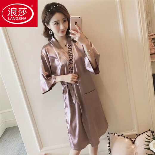 浪莎（LangSha）韩版睡衣女含仿真丝睡袍浴袍夏冰.丝性感薄开衫睡裙中长款家居服 睡袍9896#灰色 L [建议98--115斤]